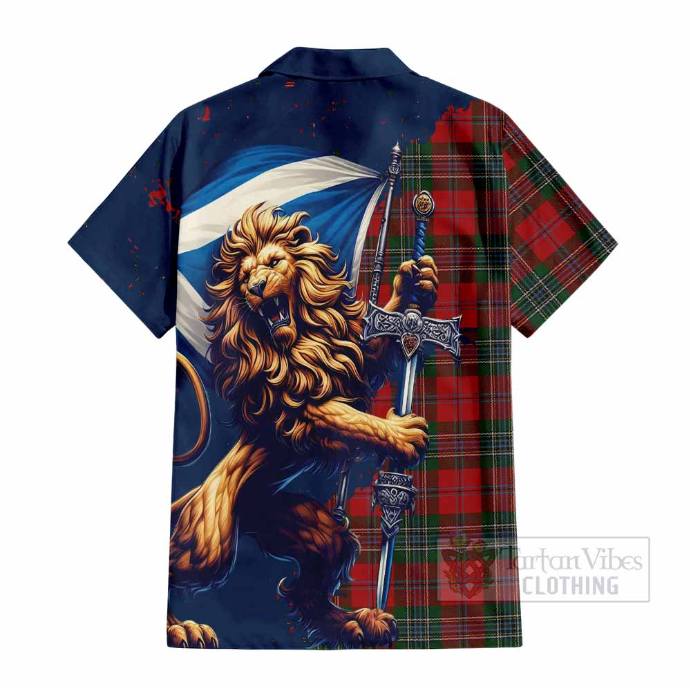 Tartan Vibes Clothing MacLean (McLean) Tartan Family Crest Short Sleeve Button Shirt with Scottish Majestic Lion