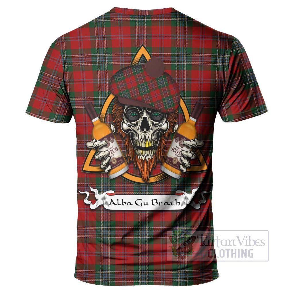 Tartan Vibes Clothing MacLean (McLean) Tartan T-Shirt with Family Crest and Bearded Skull Holding Bottles of Whiskey