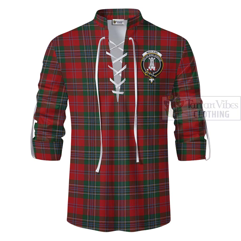 Tartan Vibes Clothing MacLean (McLean) Tartan Ghillie Kilt Shirt with Family Crest and Bearded Skull Holding Bottles of Whiskey