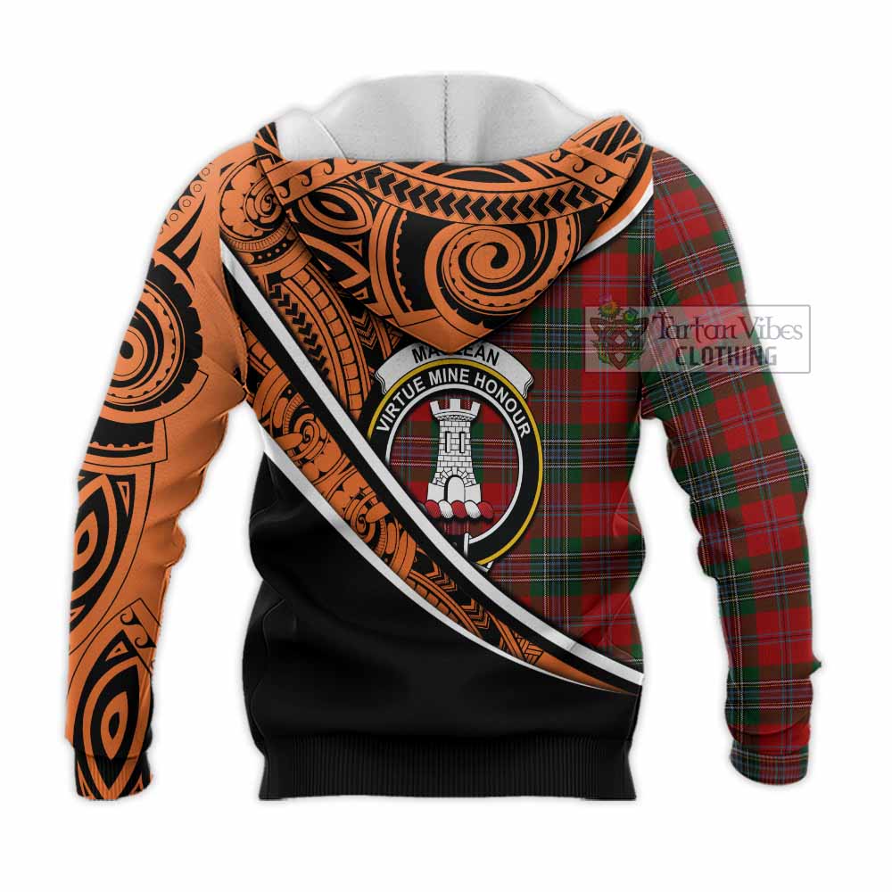 Tartan Vibes Clothing MacLean (McLean) Crest Tartan Knitted Hoodie with Maori Tattoo Style - Orange Version