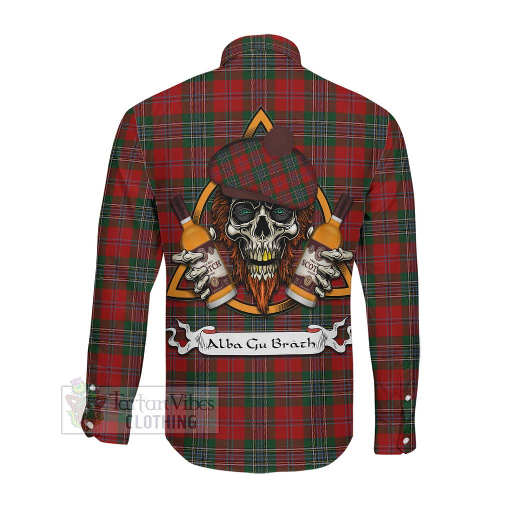 Tartan Vibes Clothing MacLean (McLean) Tartan Long Sleeve Button Shirt with Family Crest and Bearded Skull Holding Bottles of Whiskey