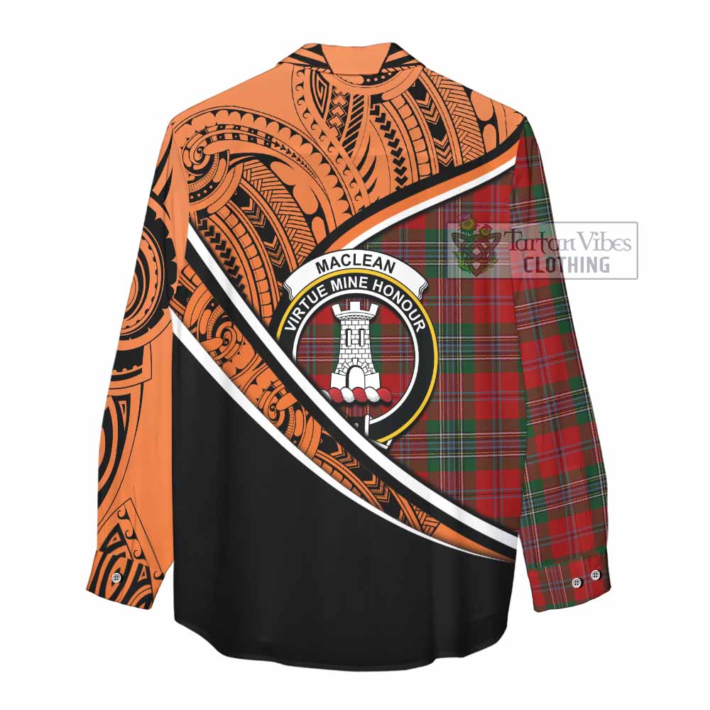 Tartan Vibes Clothing MacLean (McLean) Crest Tartan Women's Casual Shirt with Maori Tattoo Style - Orange Version