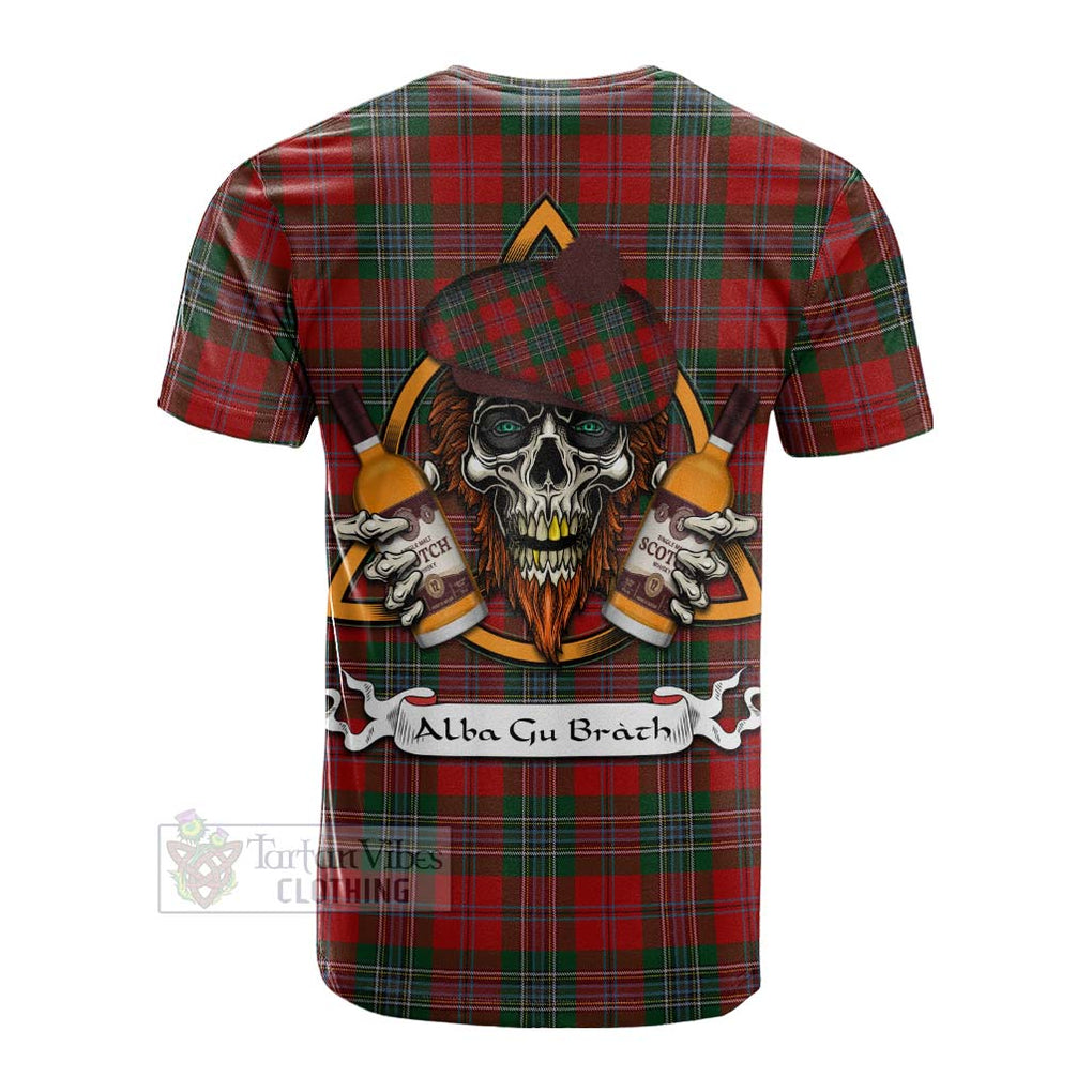 Tartan Vibes Clothing MacLean (McLean) Tartan Cotton T-shirt with Family Crest and Bearded Skull Holding Bottles of Whiskey