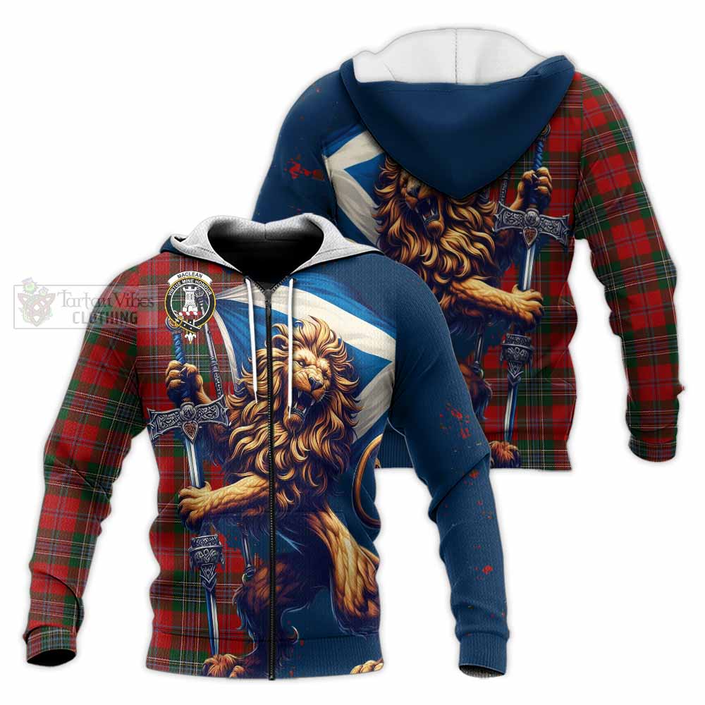 Tartan Vibes Clothing MacLean (McLean) Tartan Family Crest Knitted Hoodie with Scottish Majestic Lion