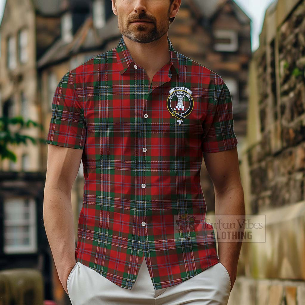 Tartan Vibes Clothing MacLean (McLean) Tartan Short Sleeve Button Shirt with Family Crest and Bearded Skull Holding Bottles of Whiskey