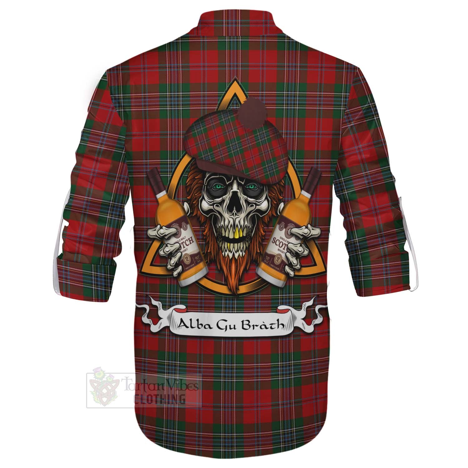 Tartan Vibes Clothing MacLean (McLean) Tartan Ghillie Kilt Shirt with Family Crest and Bearded Skull Holding Bottles of Whiskey