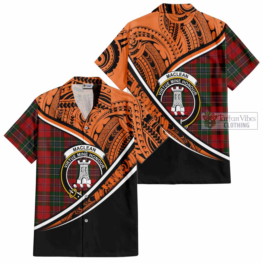 Tartan Vibes Clothing MacLean (McLean) Crest Tartan Short Sleeve Button Shirt with Maori Tattoo Style - Orange Version