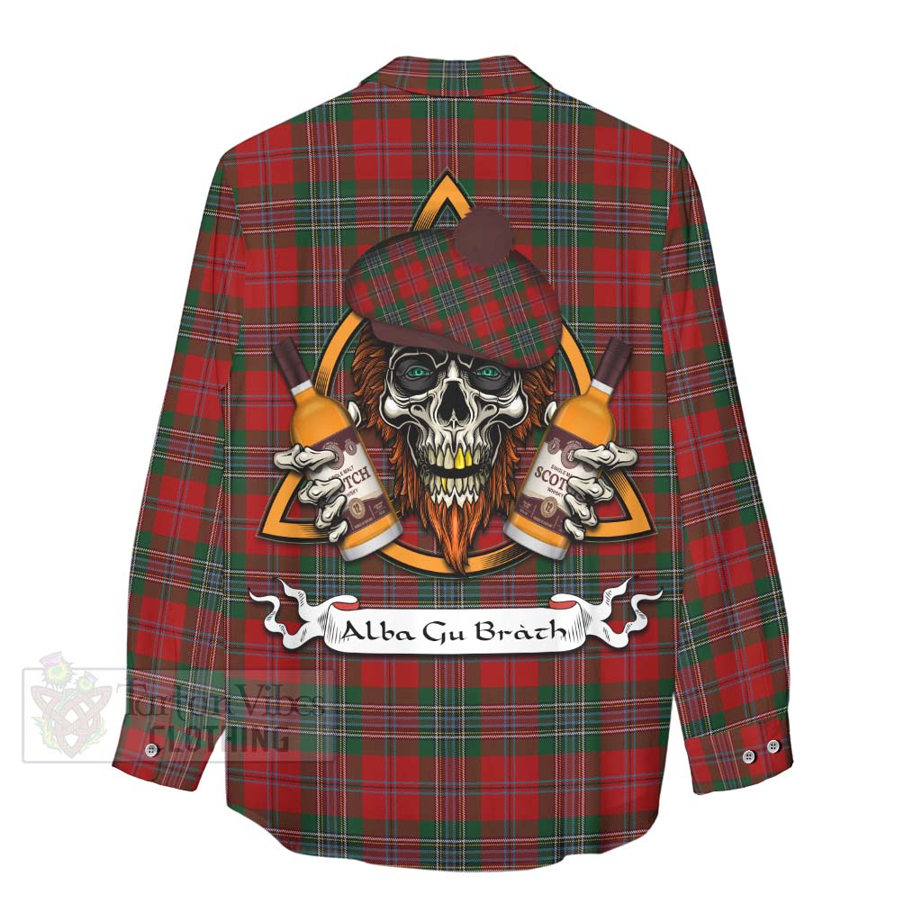 Tartan Vibes Clothing MacLean (McLean) Tartan Women's Casual Shirt with Family Crest and Bearded Skull Holding Bottles of Whiskey