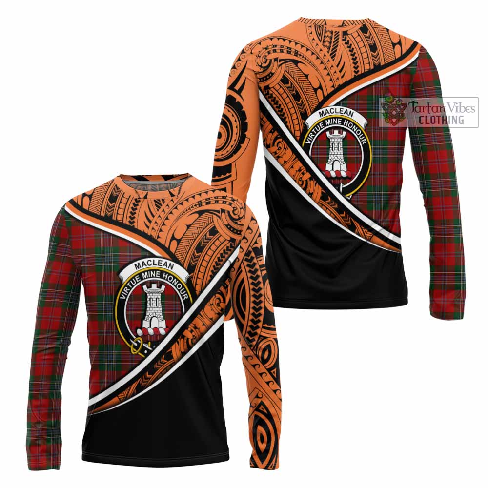 Tartan Vibes Clothing MacLean (McLean) Crest Tartan Long Sleeve T-Shirt with Maori Tattoo Style - Orange Version