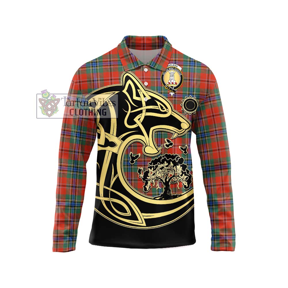 MacLean of Duart Ancient Tartan Long Sleeve Polo Shirt with Family Crest Celtic Wolf Style Unisex - Tartanvibesclothing Shop