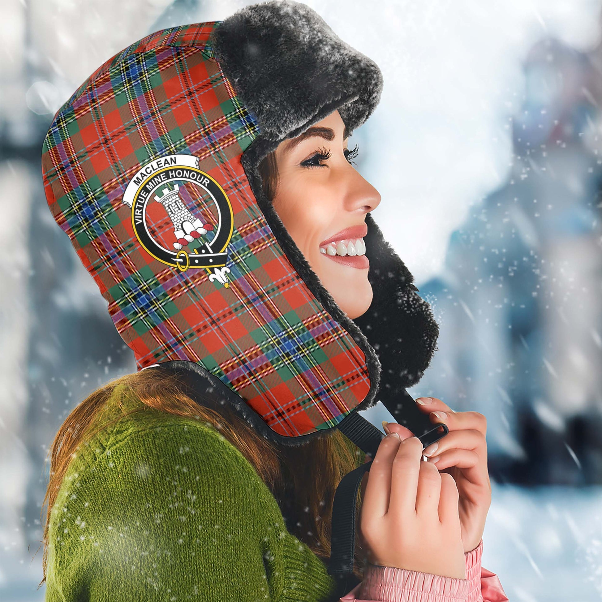 MacLean of Duart Ancient Tartan Winter Trapper Hat with Family Crest Winter Trapper Hat Universal Fit Circumference 22.8in (58cm) - Tartanvibesclothing