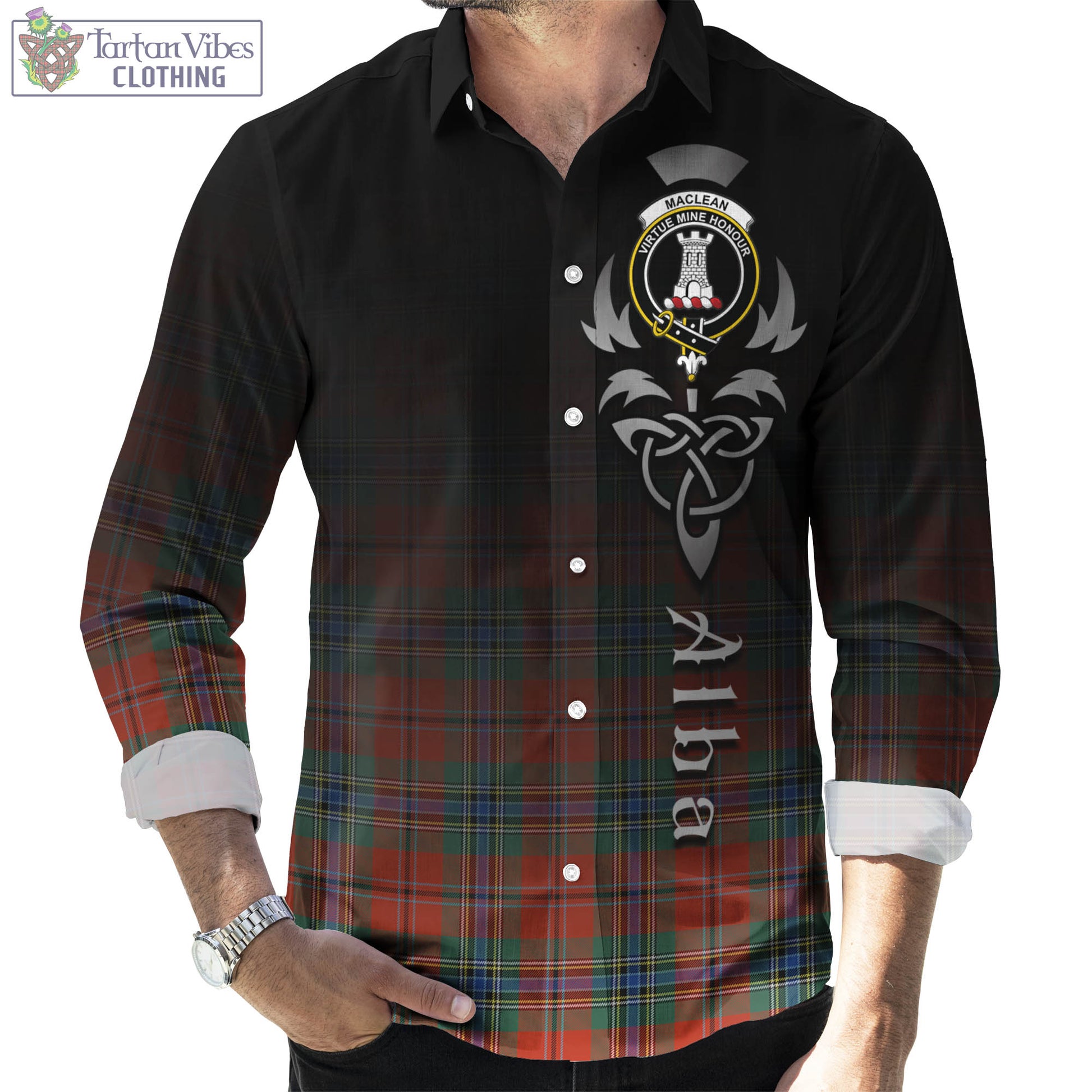 Tartan Vibes Clothing MacLean of Duart Ancient Tartan Long Sleeve Button Up Featuring Alba Gu Brath Family Crest Celtic Inspired