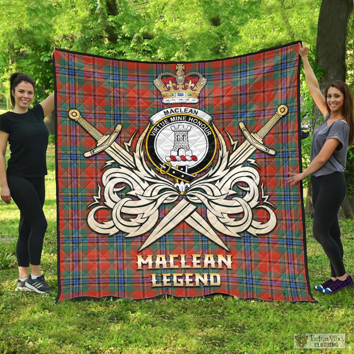 Tartan Vibes Clothing MacLean of Duart Ancient Tartan Quilt with Clan Crest and the Golden Sword of Courageous Legacy