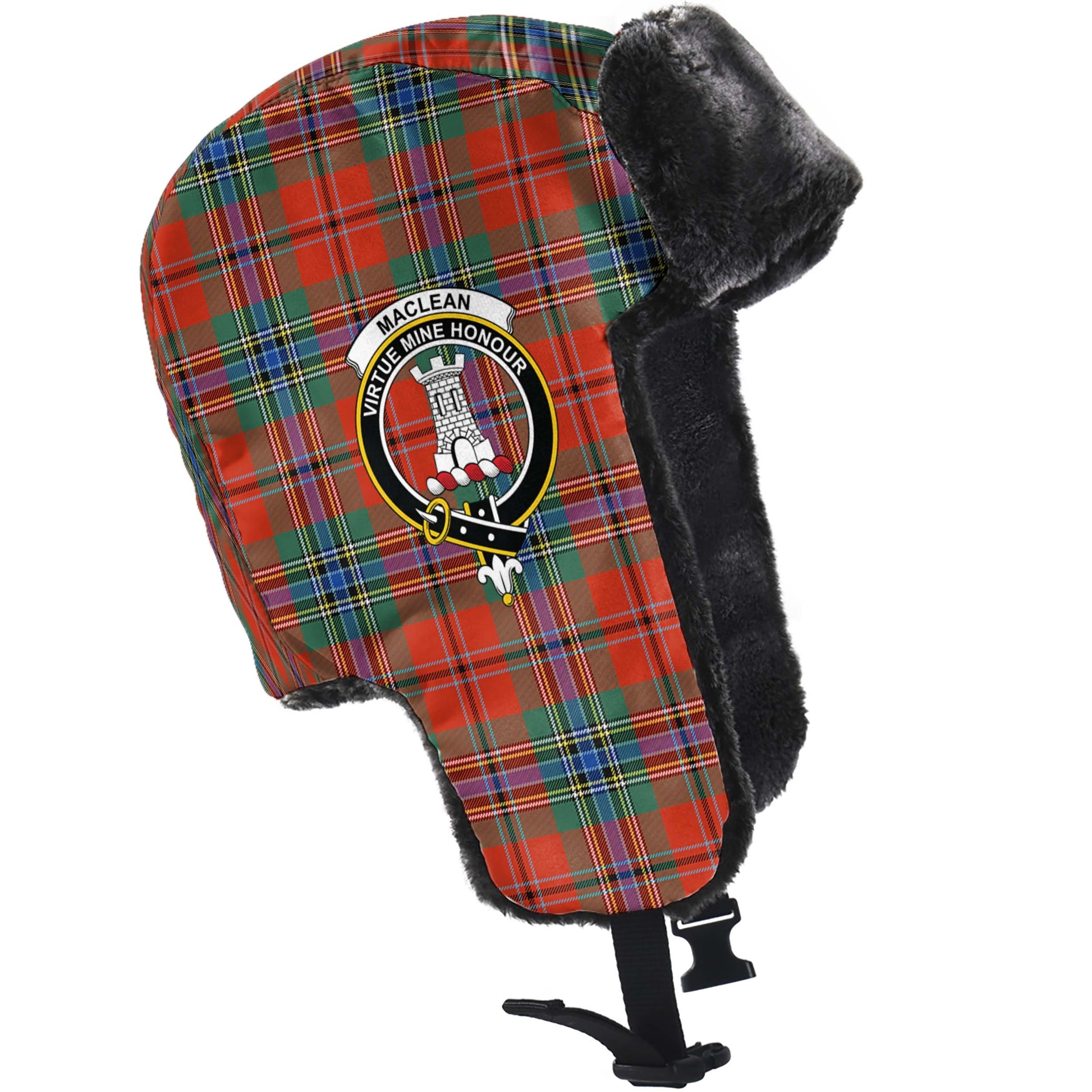 MacLean of Duart Ancient Tartan Winter Trapper Hat with Family Crest - Tartanvibesclothing