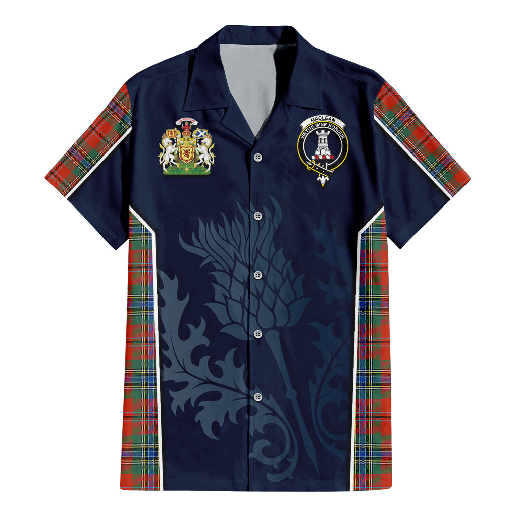 Tartan Vibes Clothing MacLean of Duart Ancient Tartan Short Sleeve Button Up Shirt with Family Crest and Scottish Thistle Vibes Sport Style