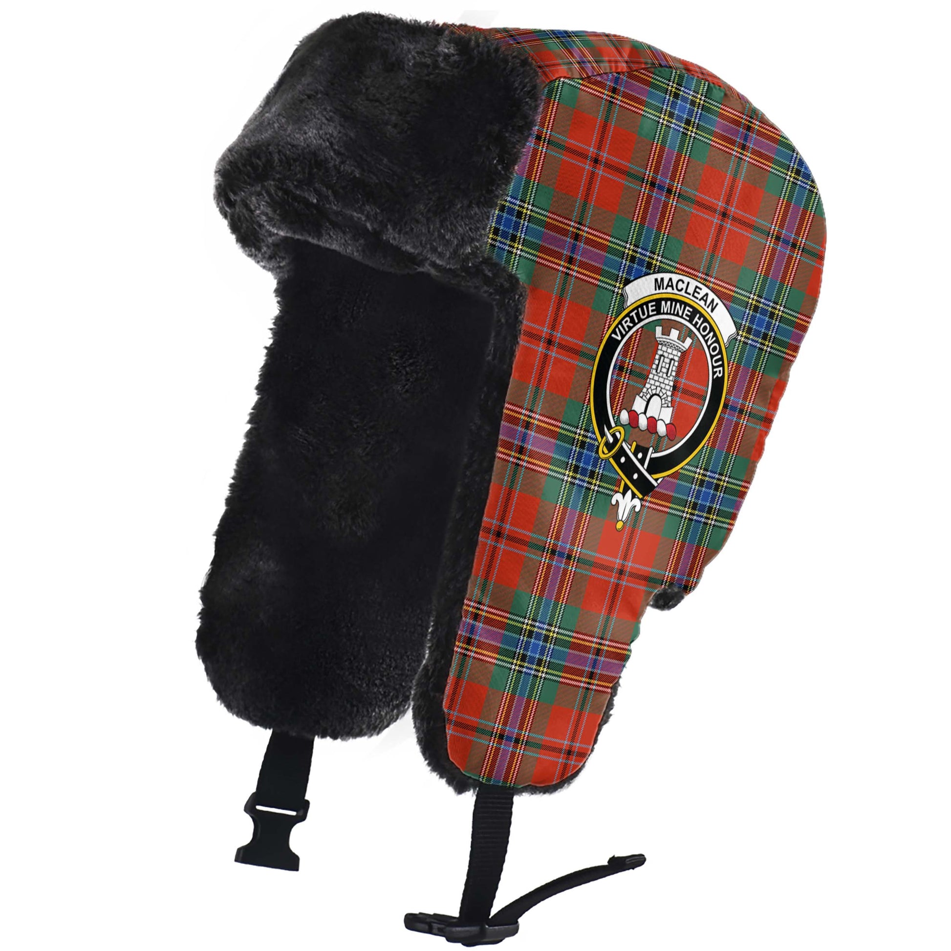 MacLean of Duart Ancient Tartan Winter Trapper Hat with Family Crest - Tartanvibesclothing