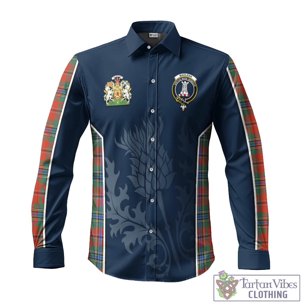 Tartan Vibes Clothing MacLean of Duart Ancient Tartan Long Sleeve Button Up Shirt with Family Crest and Scottish Thistle Vibes Sport Style