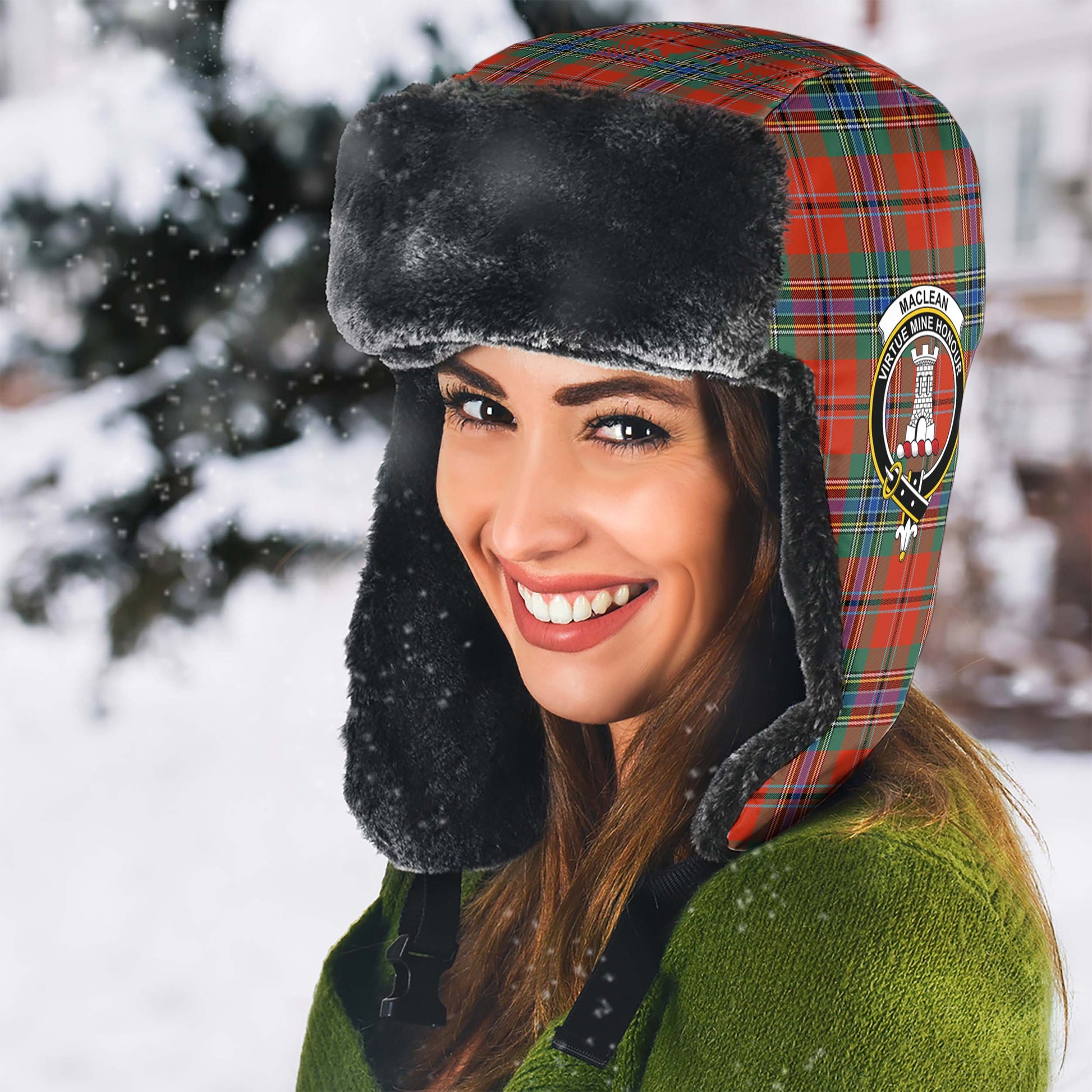 MacLean of Duart Ancient Tartan Winter Trapper Hat with Family Crest - Tartanvibesclothing