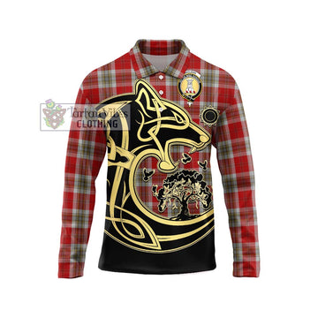 MacLean of Duart Dress Red Tartan Long Sleeve Polo Shirt with Family Crest Celtic Wolf Style