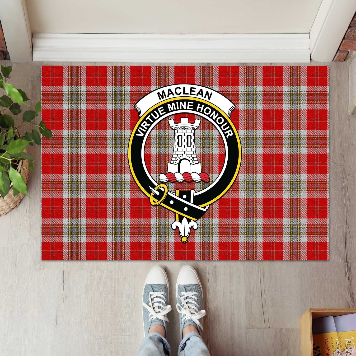 MacLean of Duart Dress Red Tartan Door Mat with Family Crest - Tartanvibesclothing