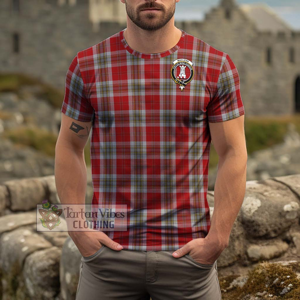 MacLean of Duart Dress Red Tartan Cotton T-Shirt with Family Crest Men's Shirt - Tartanvibesclothing Shop