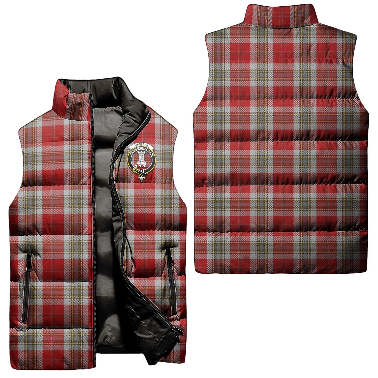 MacLean of Duart Dress Red Tartan Sleeveless Puffer Jacket with Family Crest Unisex - Tartanvibesclothing