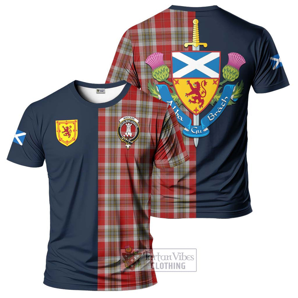 Tartan Vibes Clothing MacLean of Duart Dress Red Tartan T-Shirt Alba with Scottish Lion Royal Arm Half Style