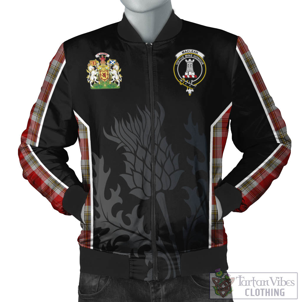 Tartan Vibes Clothing MacLean of Duart Dress Red Tartan Bomber Jacket with Family Crest and Scottish Thistle Vibes Sport Style