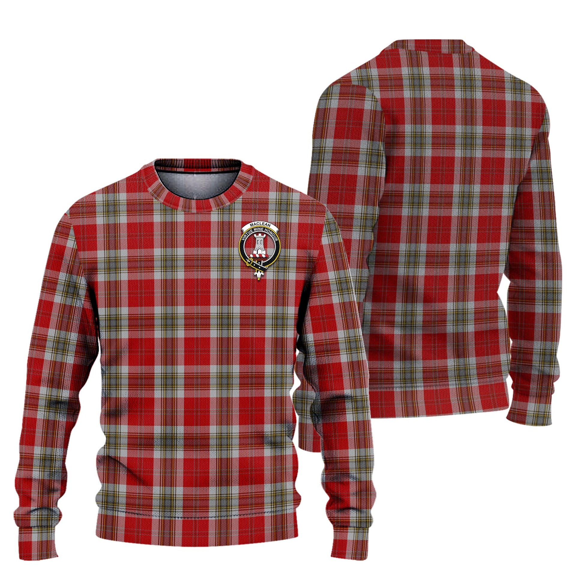 MacLean of Duart Dress Red Tartan Knitted Sweater with Family Crest Unisex - Tartanvibesclothing