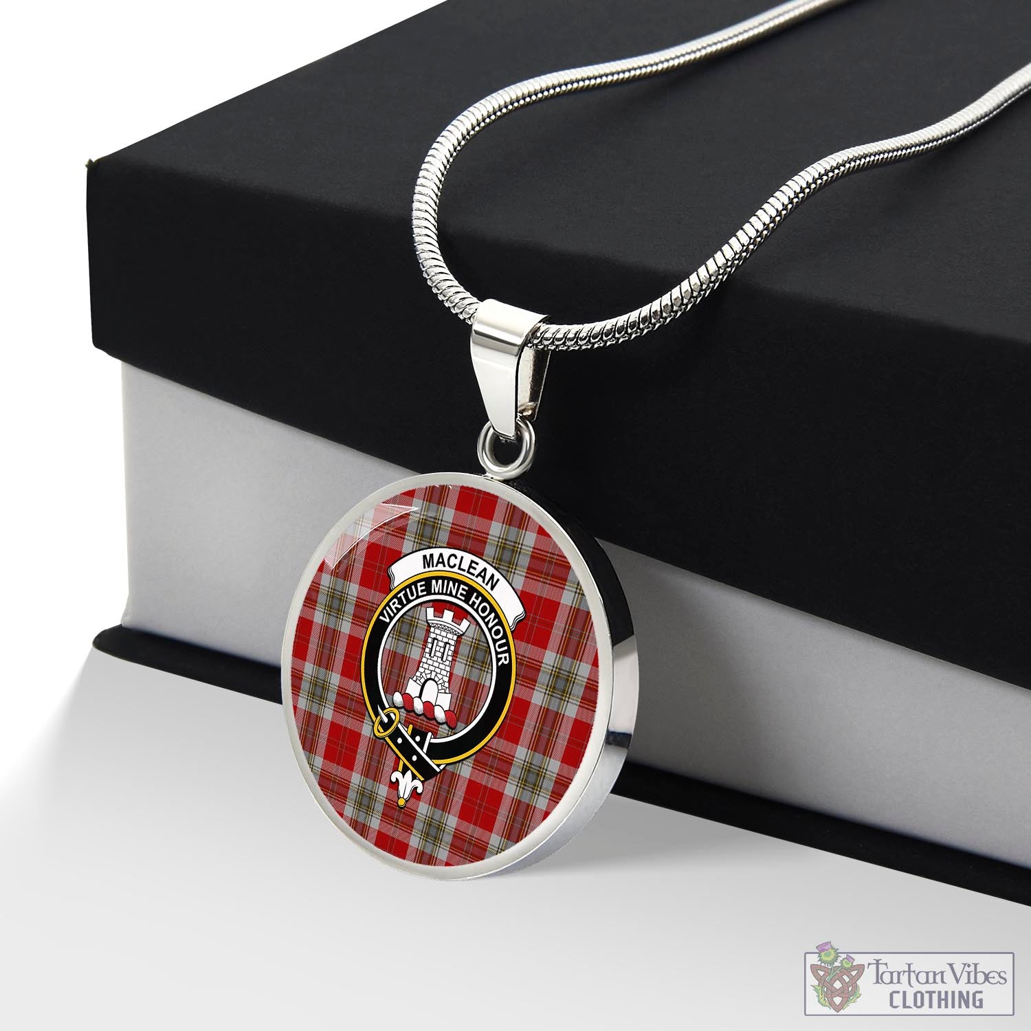 Tartan Vibes Clothing MacLean of Duart Dress Red Tartan Circle Necklace with Family Crest