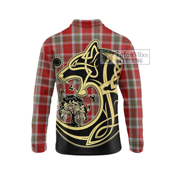 MacLean of Duart Dress Red Tartan Long Sleeve Polo Shirt with Family Crest Celtic Wolf Style