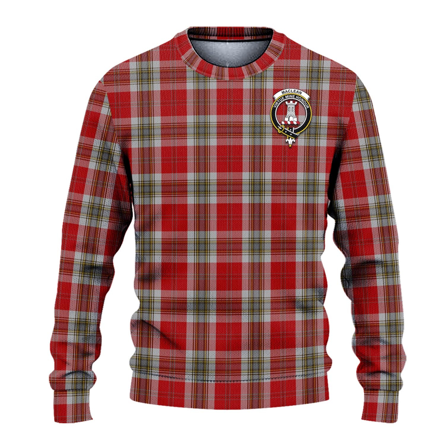 MacLean of Duart Dress Red Tartan Knitted Sweater with Family Crest - Tartanvibesclothing