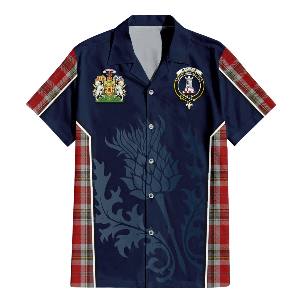 Tartan Vibes Clothing MacLean of Duart Dress Red Tartan Short Sleeve Button Up Shirt with Family Crest and Scottish Thistle Vibes Sport Style