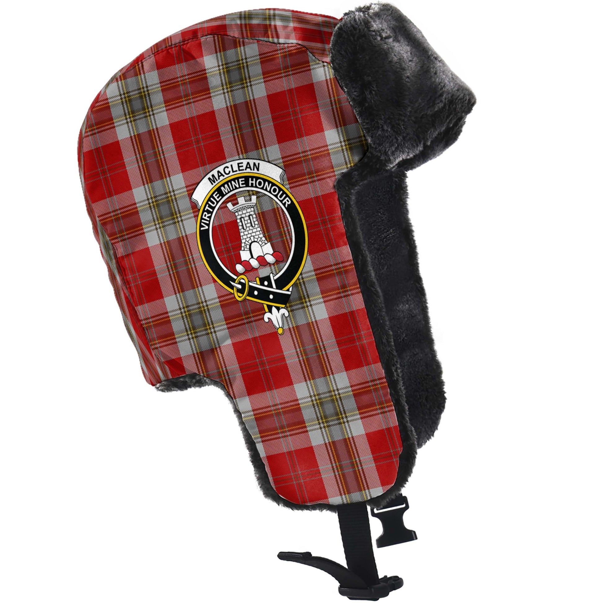 MacLean of Duart Dress Red Tartan Winter Trapper Hat with Family Crest - Tartanvibesclothing