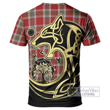 MacLean of Duart Dress Red Tartan T-Shirt with Family Crest Celtic Wolf Style