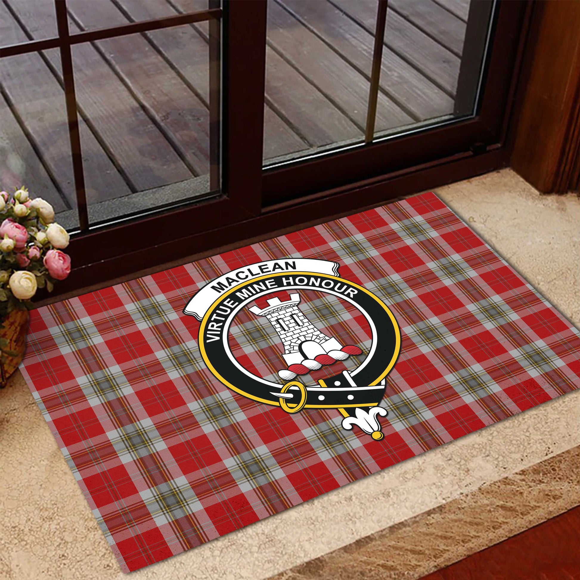 MacLean of Duart Dress Red Tartan Door Mat with Family Crest - Tartanvibesclothing