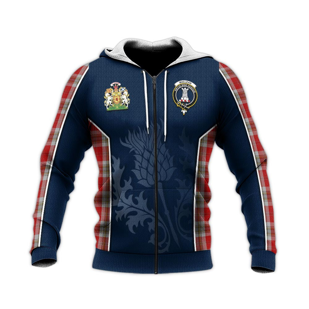 Tartan Vibes Clothing MacLean of Duart Dress Red Tartan Knitted Hoodie with Family Crest and Scottish Thistle Vibes Sport Style