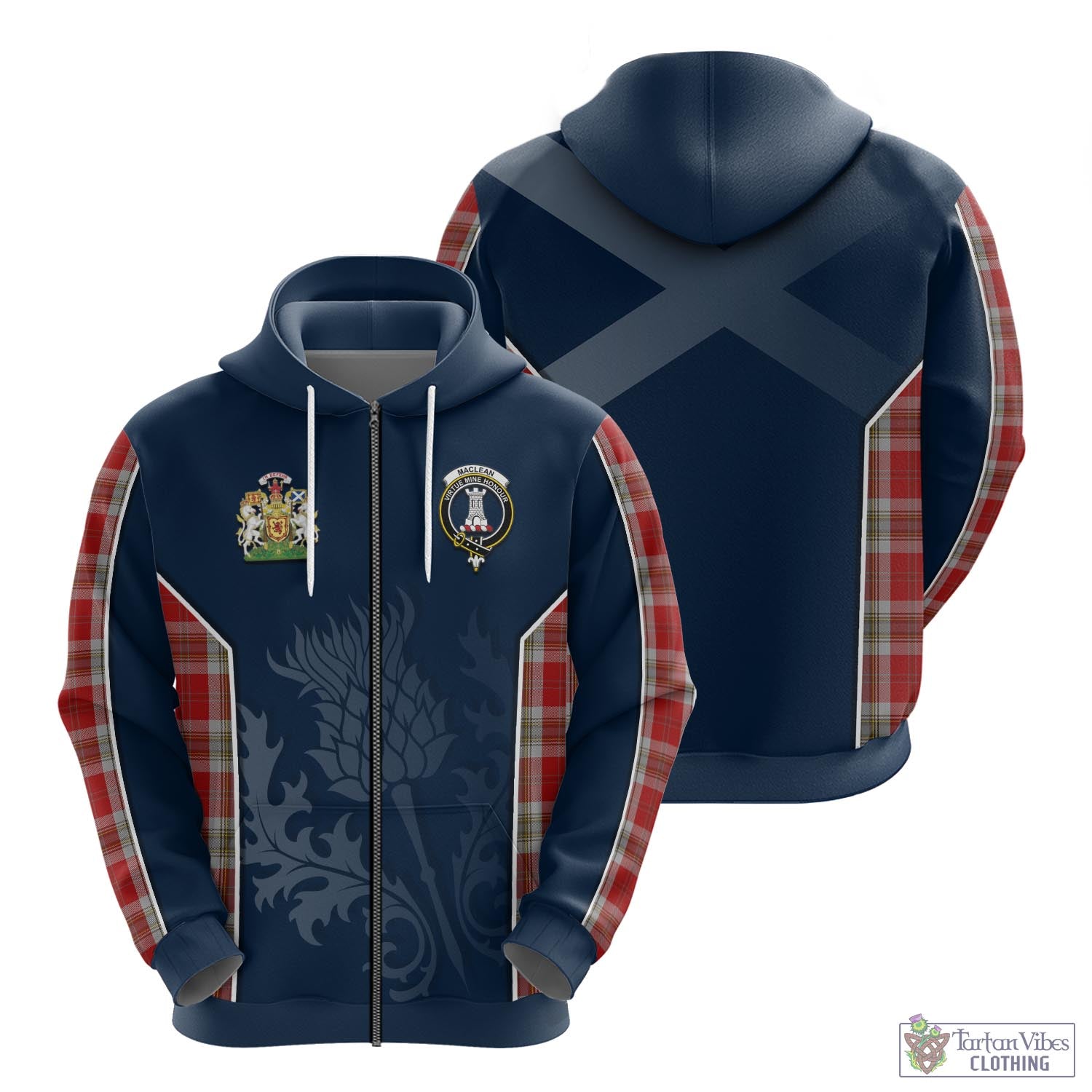 Tartan Vibes Clothing MacLean of Duart Dress Red Tartan Hoodie with Family Crest and Scottish Thistle Vibes Sport Style