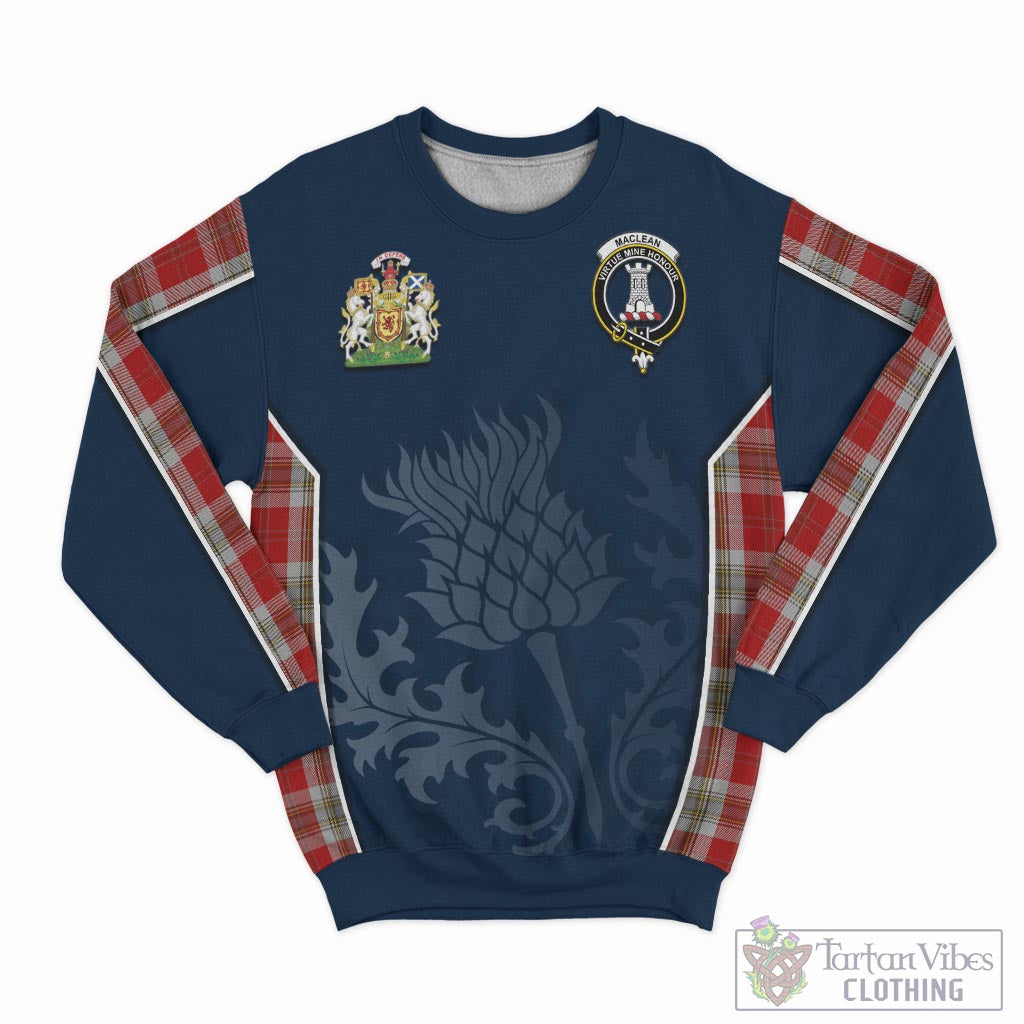 Tartan Vibes Clothing MacLean of Duart Dress Red Tartan Sweatshirt with Family Crest and Scottish Thistle Vibes Sport Style