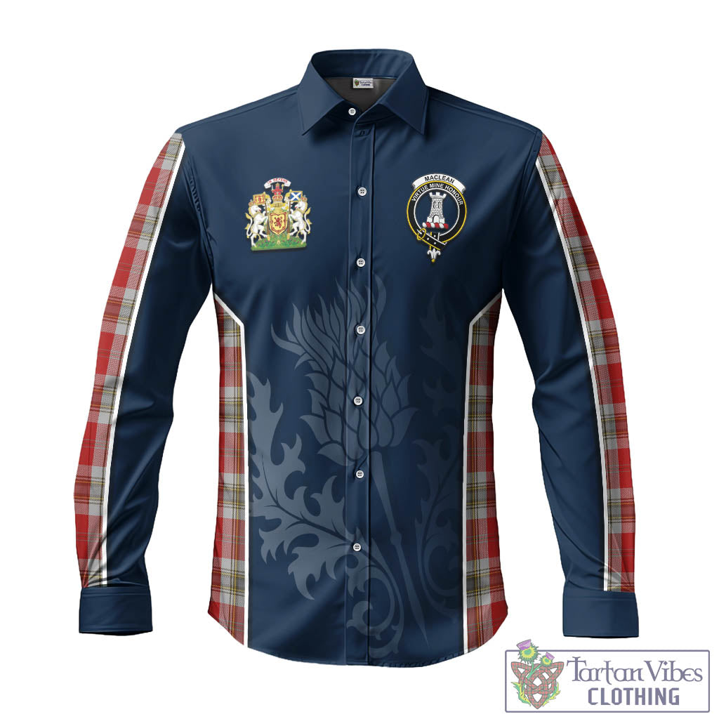 Tartan Vibes Clothing MacLean of Duart Dress Red Tartan Long Sleeve Button Up Shirt with Family Crest and Scottish Thistle Vibes Sport Style