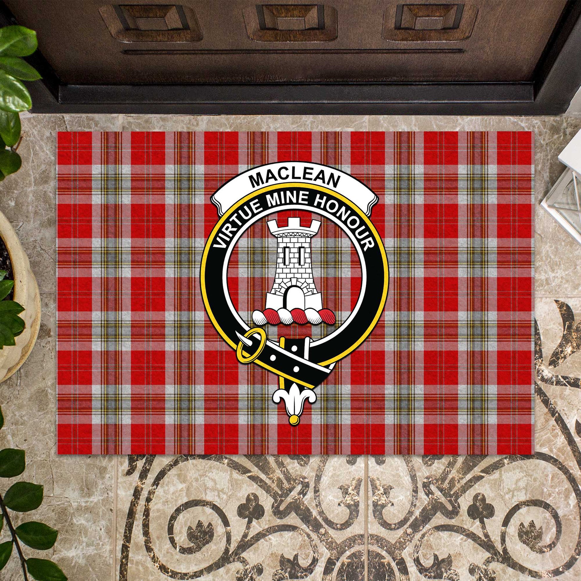 MacLean of Duart Dress Red Tartan Door Mat with Family Crest - Tartanvibesclothing