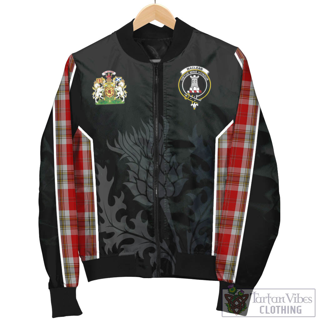 Tartan Vibes Clothing MacLean of Duart Dress Red Tartan Bomber Jacket with Family Crest and Scottish Thistle Vibes Sport Style