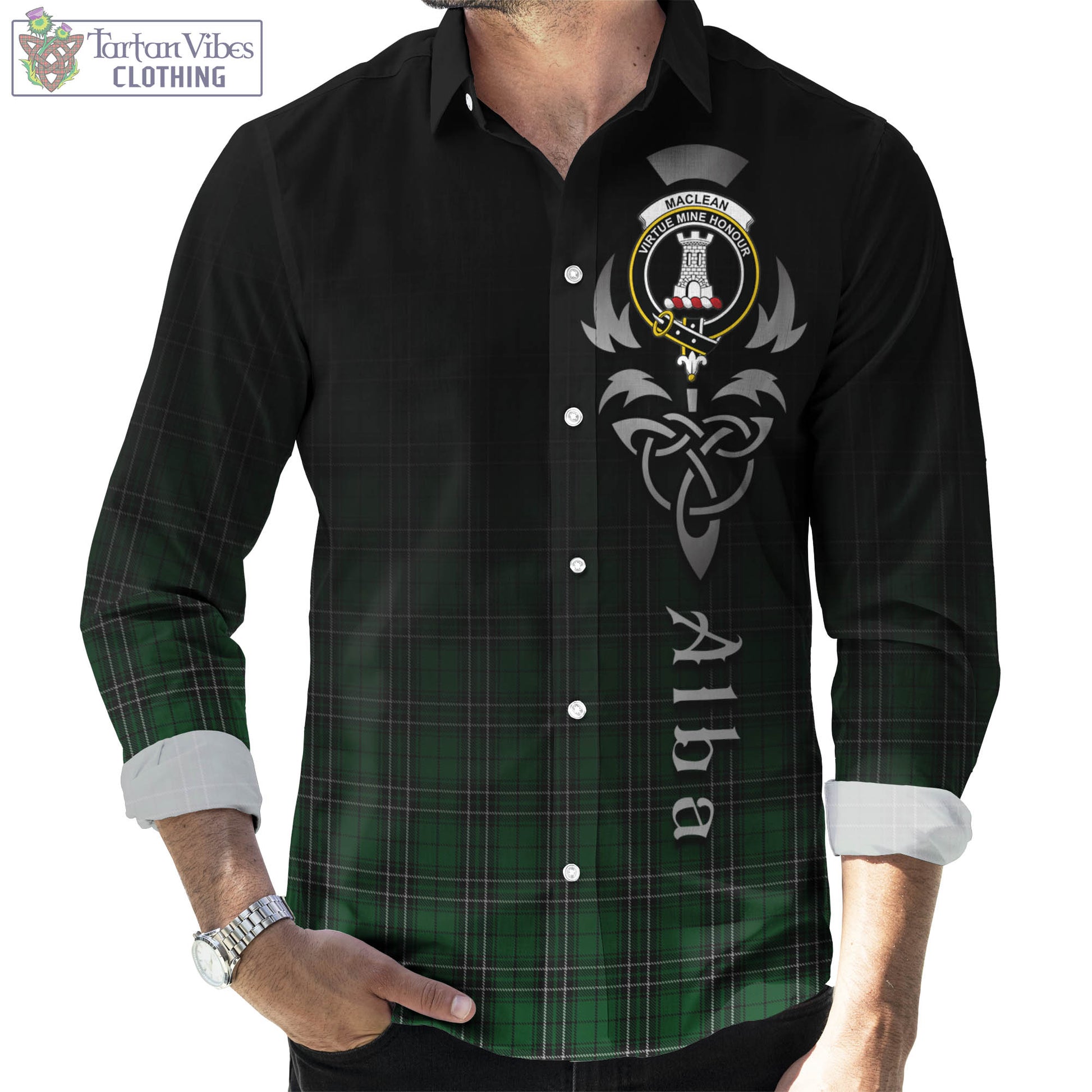 Tartan Vibes Clothing MacLean of Duart Hunting Tartan Long Sleeve Button Up Featuring Alba Gu Brath Family Crest Celtic Inspired