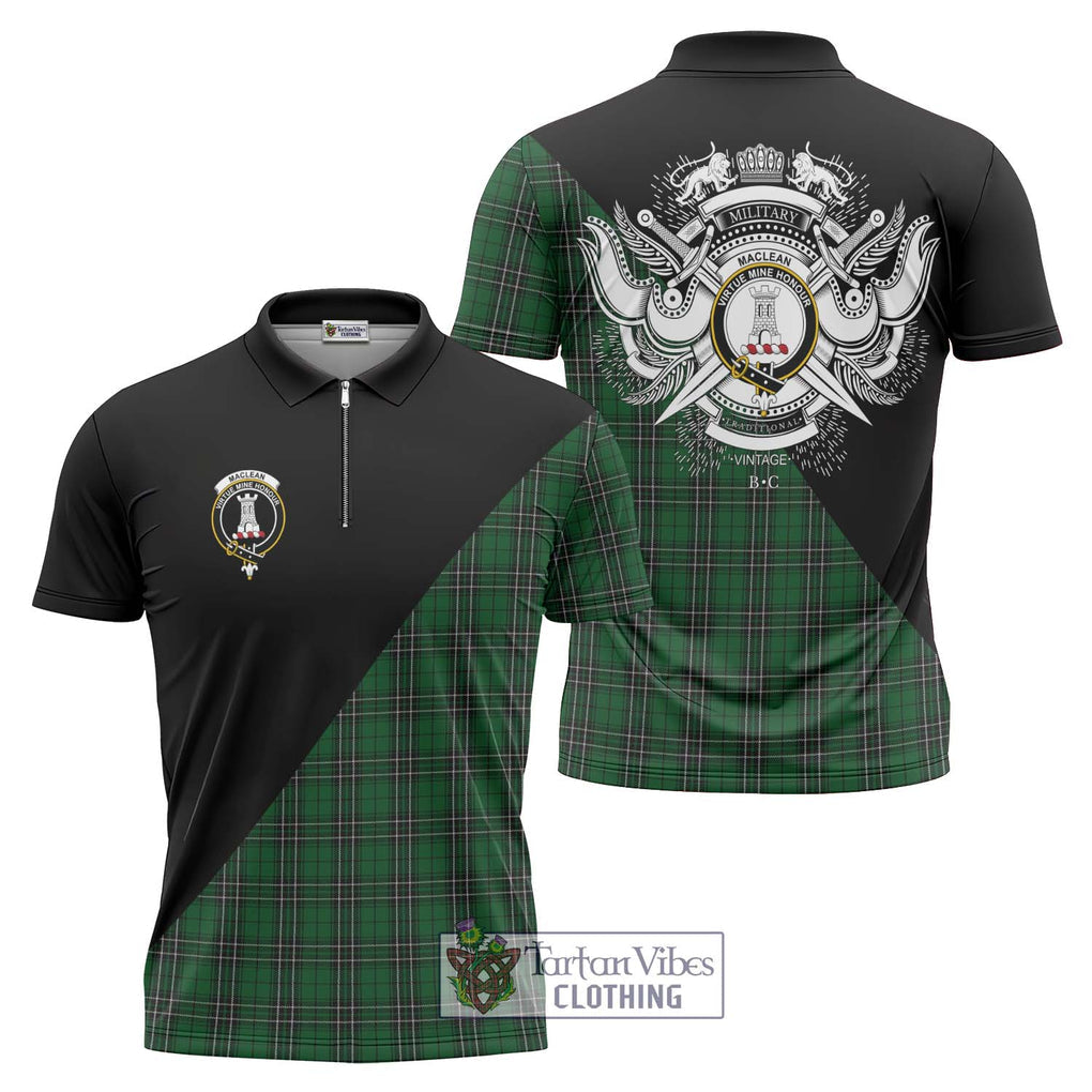 MacLean of Duart Hunting Tartan Zipper Polo Shirt with Family Crest and Military Logo Style Unisex - Tartanvibesclothing Shop