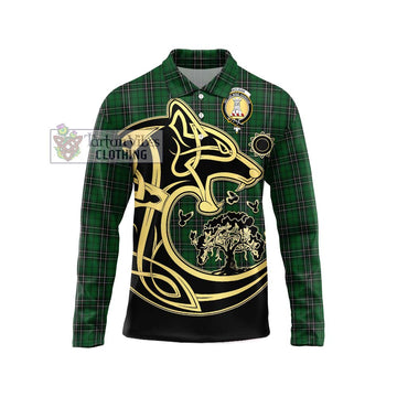 MacLean of Duart Hunting Tartan Long Sleeve Polo Shirt with Family Crest Celtic Wolf Style