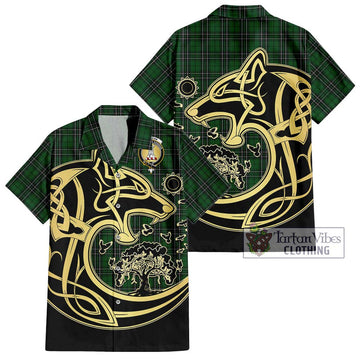 MacLean of Duart Hunting Tartan Short Sleeve Button Shirt with Family Crest Celtic Wolf Style