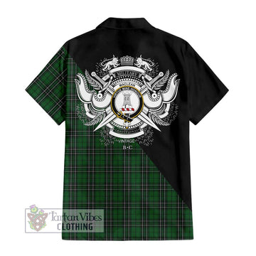 MacLean of Duart Hunting Tartan Short Sleeve Button Shirt with Family Crest and Military Logo Style