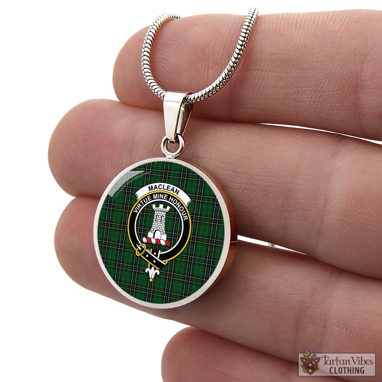 Tartan Vibes Clothing MacLean of Duart Hunting Tartan Circle Necklace with Family Crest