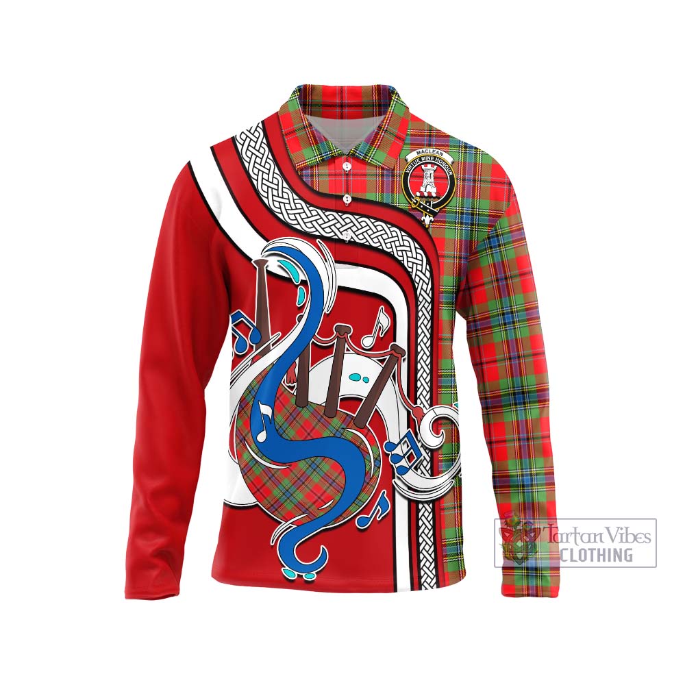 Tartan Vibes Clothing MacLean of Duart Modern Tartan Long Sleeve Polo Shirt with Epic Bagpipe Style