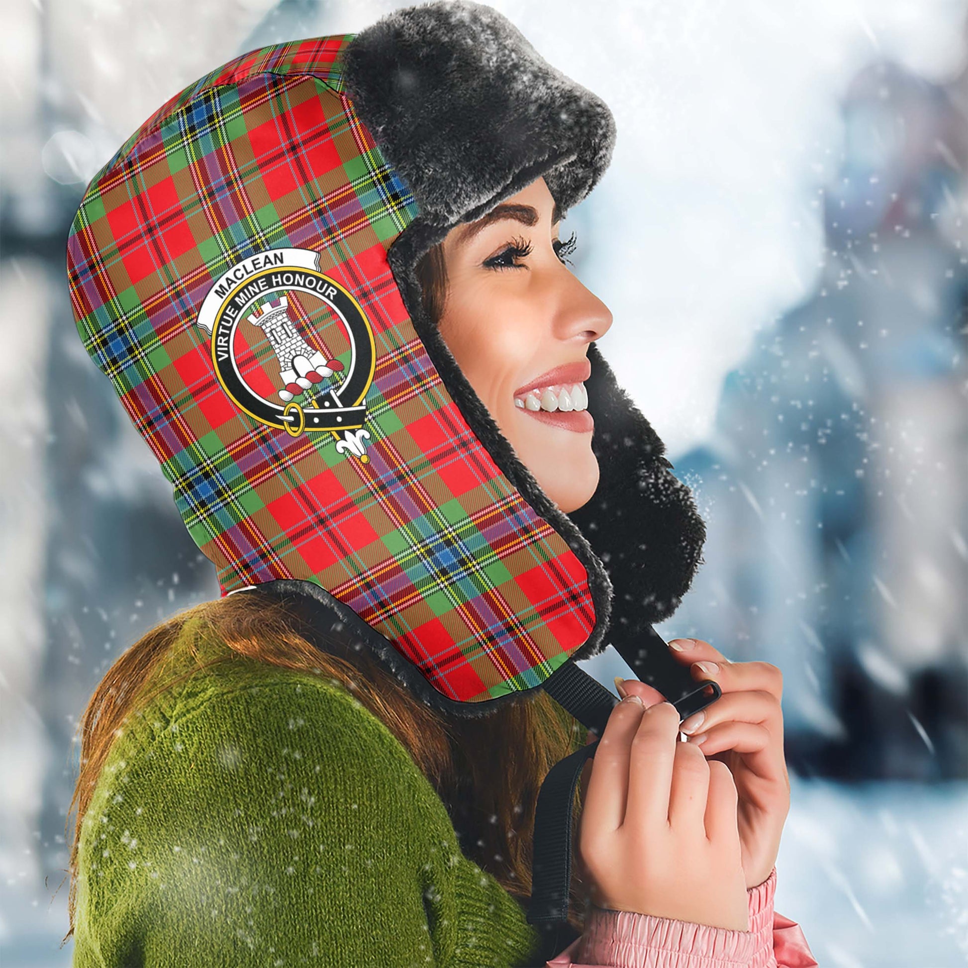 MacLean of Duart Modern Tartan Winter Trapper Hat with Family Crest Winter Trapper Hat Universal Fit Circumference 22.8in (58cm) - Tartanvibesclothing